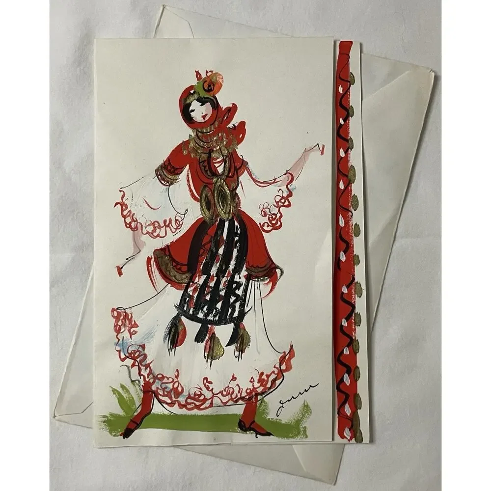 VTG Hand Painted Greeting Card w Envelope Mid Century Woman Red Folk Dress OOAK
